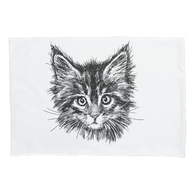 Black and White Kitten Face Pillow Case (Front)
