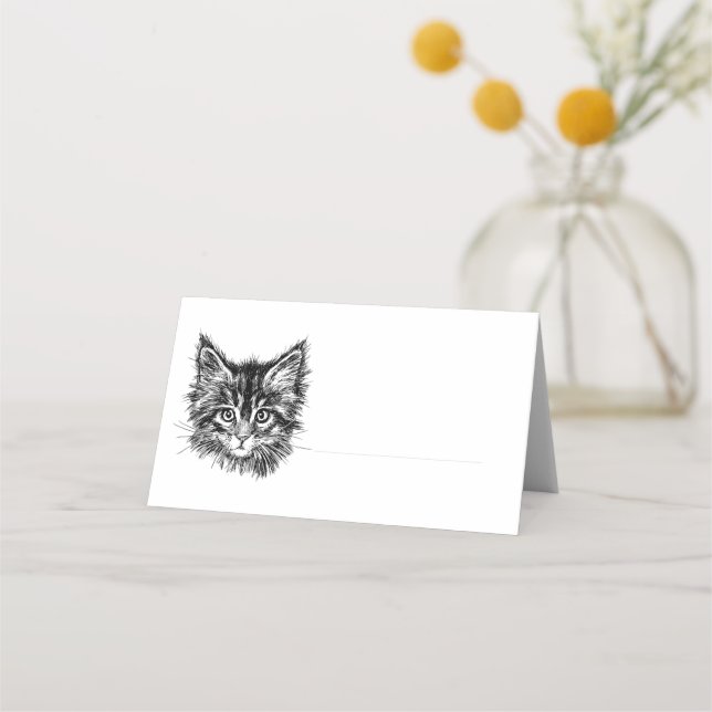 Black and White Kitten Face Place Card (Front)