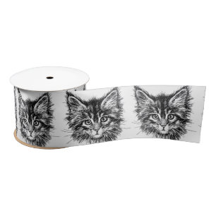 Black and White Kitten Face Satin Ribbon