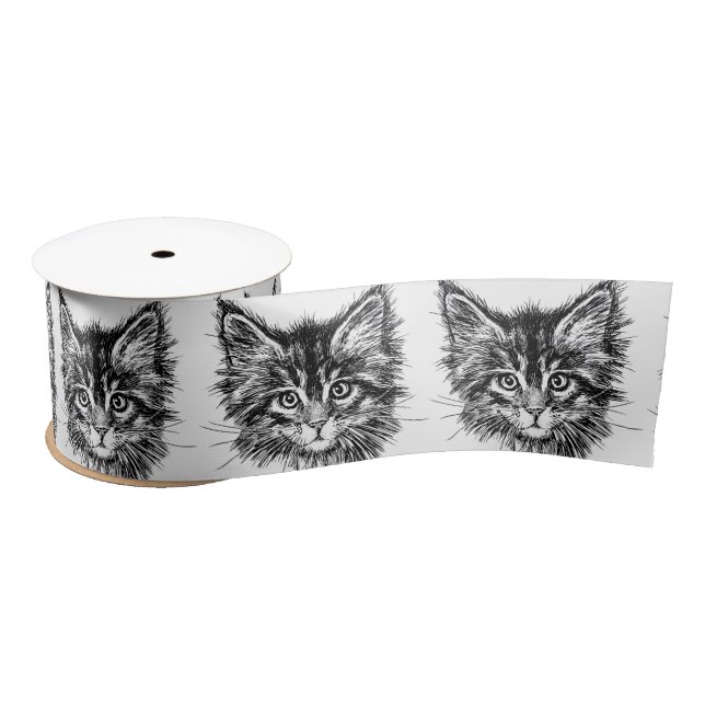 Black and White Kitten Face Satin Ribbon (Spool)