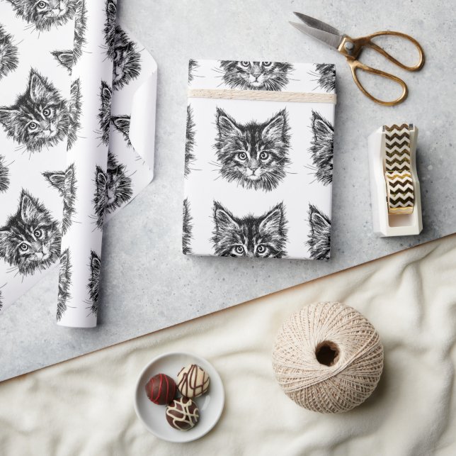 Black and White Kitten Face Wrapping Paper (Crafts)