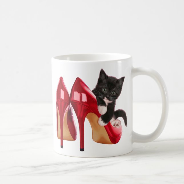 Black and White Kitten in Red Shoe Coffee Mug (Right)