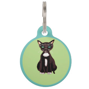 Black and white kitten on green background pet ID tag