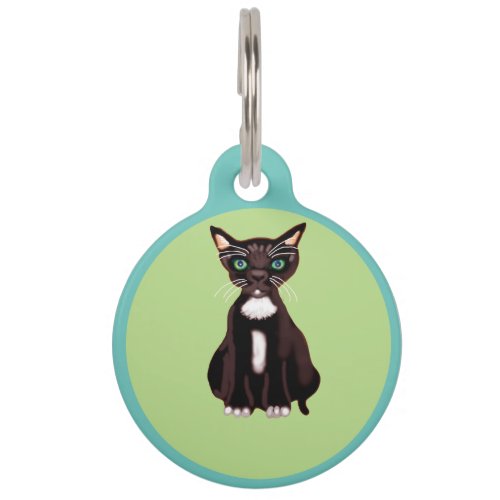 Black and white kitten on green background pet ID tag