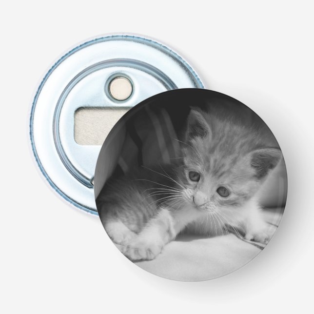Black and White Kitten Photograph Bottle Opener (Front)