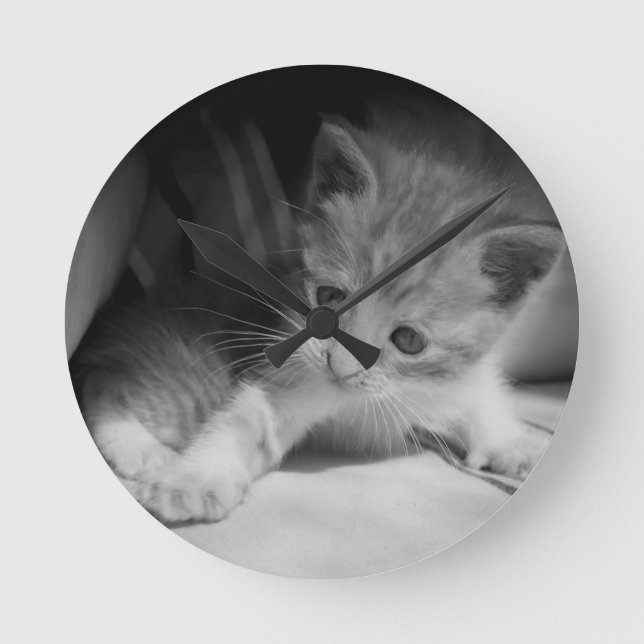 Black and White Kitten Photograph Round Clock (Front)