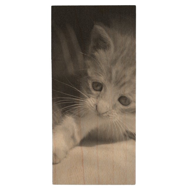 Black and White Kitten Photograph Wood Flash Drive (Front Vertical)