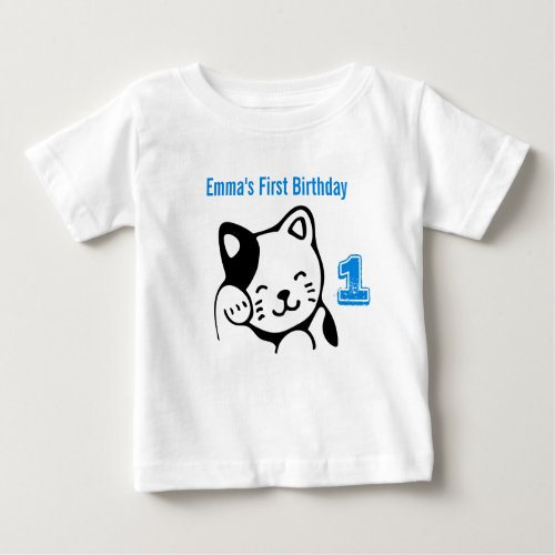 Black and White Kitty Cat Waving Hello Birthday Baby T_Shirt