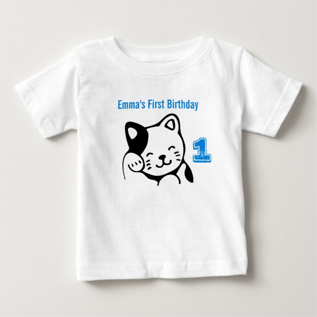 Black and White Kitty Cat Waving Hello Birthday Baby T-Shirt (Front)