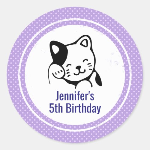 Black and White Kitty Cat Waving Hello Birthday Classic Round Sticker