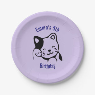 Black and White Kitty Cat Waving Hello Birthday Paper Plates