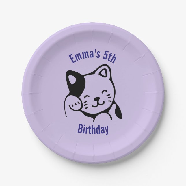 Black and White Kitty Cat Waving Hello Birthday Paper Plates (Front)