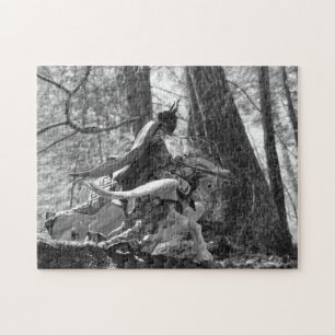 Black and White Knight Galloping Through the Woods Jigsaw Puzzle