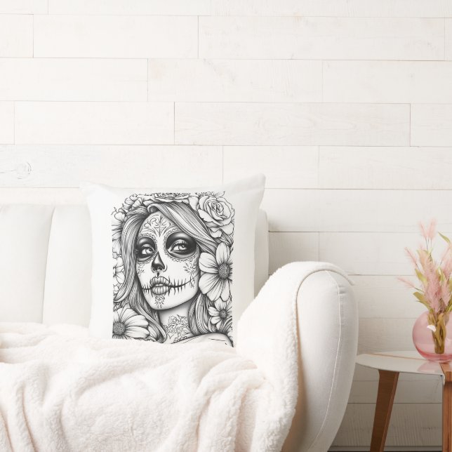 Black and white La Catrina Throw Pillow (Couch)