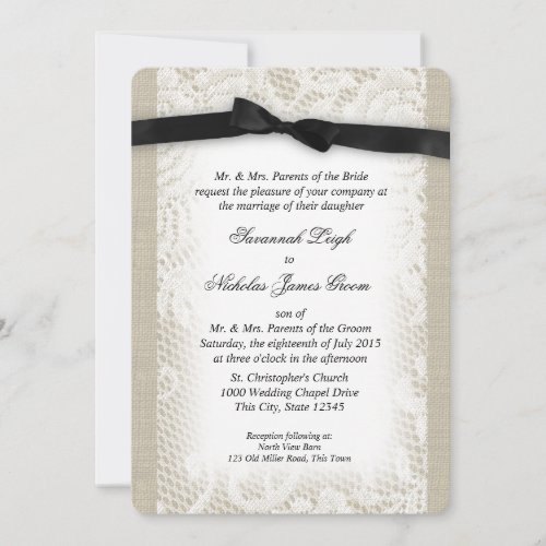 Black and White Lace and Bow Wedding Invitation