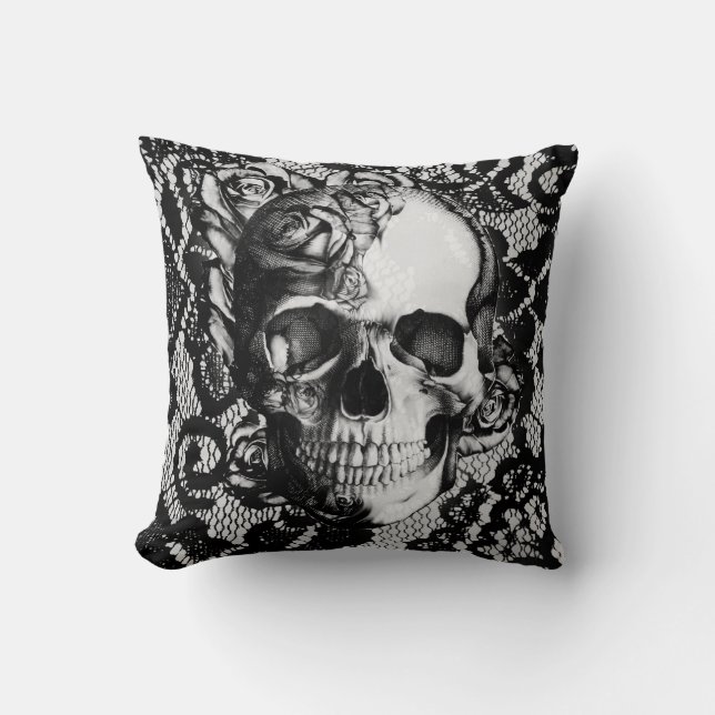 Black and white lace and roses skull throw pillow (Front)