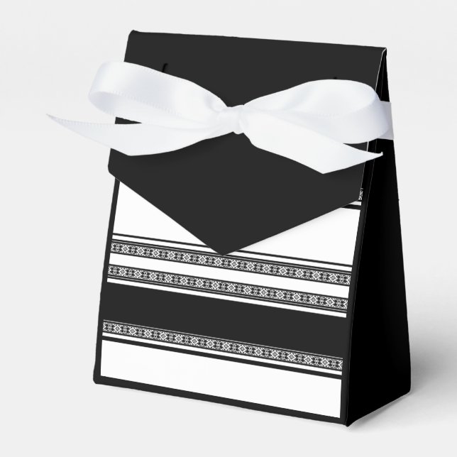 Black and white lace braid and horizontal stripes  favor boxes (Front Side)