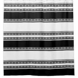 Black and white lace braid and horizontal stripes shower curtain