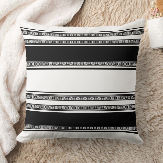 Black and white lace braid and horizontal stripes  throw pillow (Blanket)