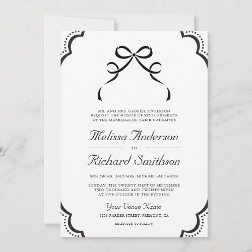 Black and White Lace Coquette Bow QR Code Wedding Invitation