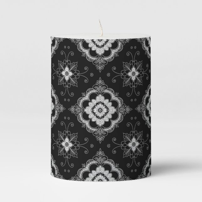 Black and white lace decorative pattern pillar candle (Front)