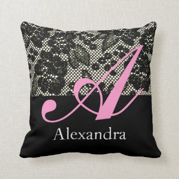 Black And White Lace Monogram Pillow Letter A by ggbythebay at Zazzle