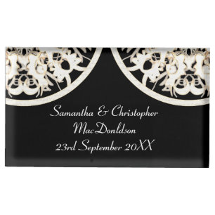Black and white lace old damask wedding place card holder