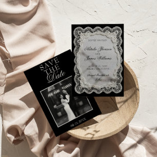 Black And White Lace Old Money Photo Wedding Save The Date