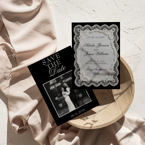 Black And White Lace Old Money Photo Wedding Save The Date