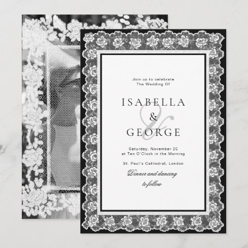 Black and white Lace Old Money Wedding Photo Invitation