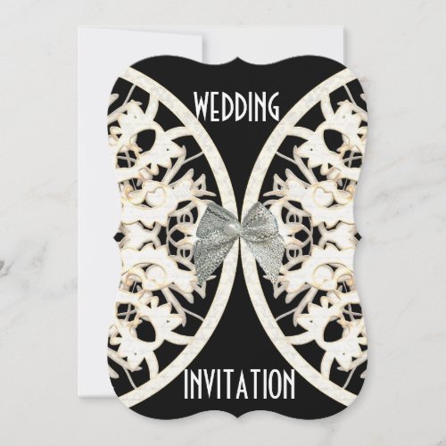 Black and white lace paper cut damask wedding invitation