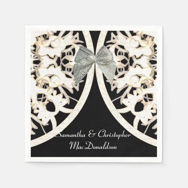 Black and white lace paper cut damask wedding paper napkins (Front)