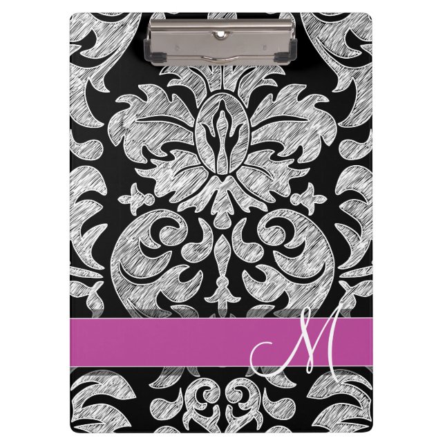Black and White Lace Pattern Custom Monogram Clipboard (Front)