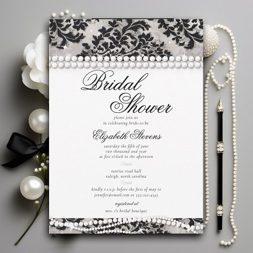 Black and White Lace Pearls Damask Bridal Shower Invitation