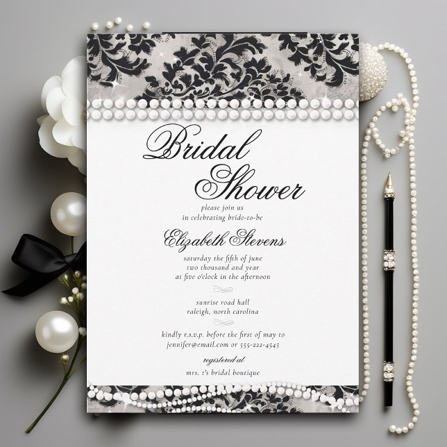 Black and White Lace Pearls Damask Bridal Shower Invitation (lace and pearls bridal shower invitation black white damask elegant formal modern classic)