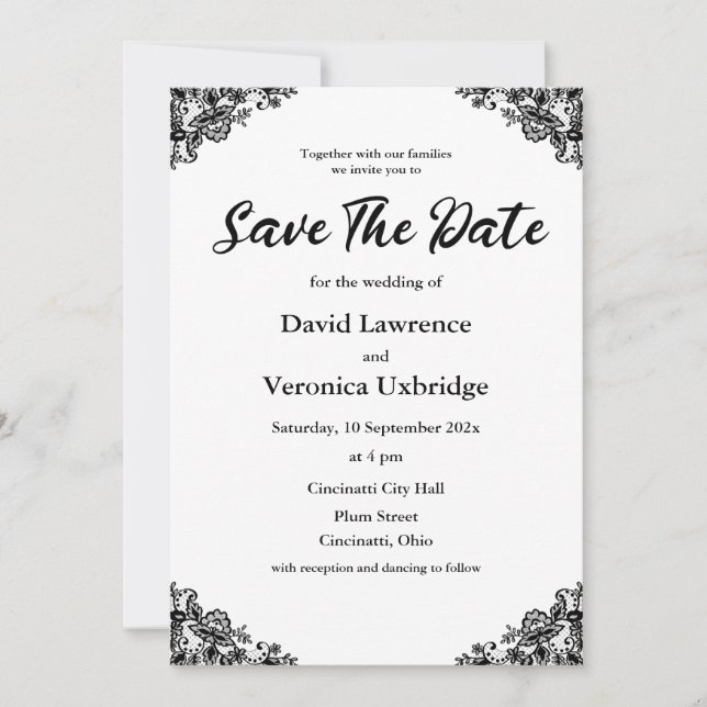 Black and White Lace Save The Date Invitation (Front)
