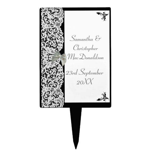 Black and white lace traditional lace wedding cake topper (Front)