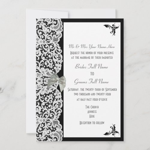 Black and white lace  traditional wedding invitation