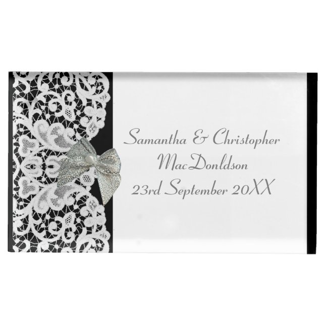 Black and white lace  traditional wedding place card holder (Front)