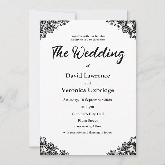 Black and White Lace Wedding Invitation (Front)