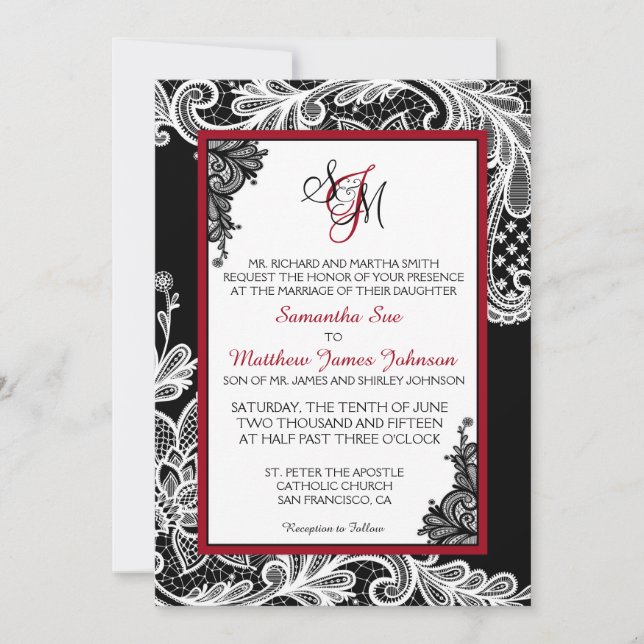 Black and White Lace Wedding Invitation Card (Front)