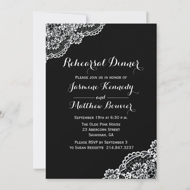 Black And White Lace Wedding Rehearsal Dinner Invitation (Front)
