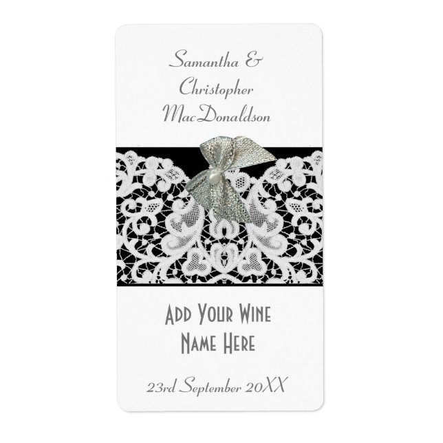 Black and white lace wedding wine bottle label (Front)