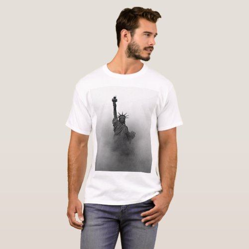 Black and White Lady Liberty shrouded in fog T_Shirt