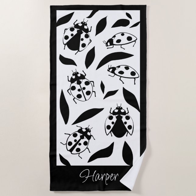 Black and White Ladybugs Personalized Beach Towel (Front)