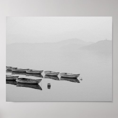 Black and White Lake with Boats Poster