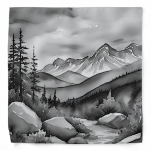 Black and white landscape painting of mountains bandana