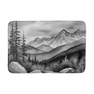 Black and white landscape painting of mountains bath mat