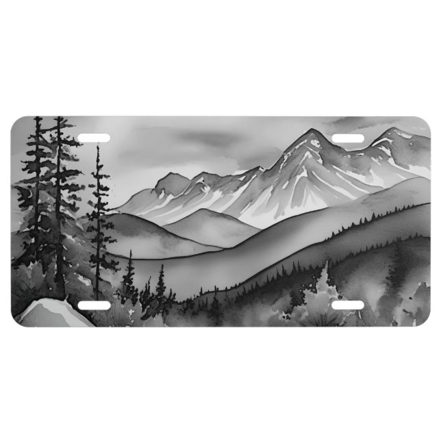 Black and white landscape painting of mountains license plate (Front)
