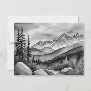Black and white landscape painting of mountains postcard